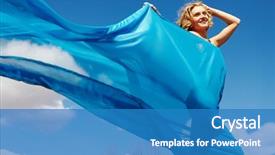  Presentation with drapery - PPT layouts featuring young beautiful girl walking wrapped in blue silk drapery background and a teal colored foreground