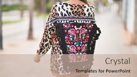  Presentation with animal print - Presentation design consisting of young beautiful girl wearing animal print cardigan standing backwards at the town street background and a mint green colored foreground