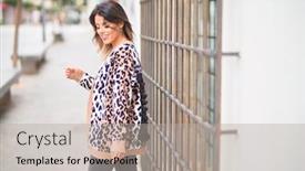  Presentation with animal print - Audience pleasing PPT layouts consisting of young beautiful girl wearing animal print cardigan standing on backview at the town street backdrop and a light gray colored foreground
