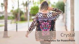  Presentation with animal print - Presentation theme enhanced with young beautiful girl wearing animal print cardigan standing backwards at the town street background and a soft green colored foreground