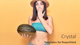  Presentation with melon - Slide set with young-beautiful-girl-wearing-bikini background and a yellow colored foreground