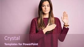  Presentation with hand palm - PPT layouts consisting of young-beautiful-girl-wearing-casual background and a violet colored foreground