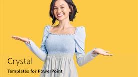  Presentation with human hands open palm up - Cool new slides with young-beautiful-girl-wearing-casual backdrop and a yellow colored foreground