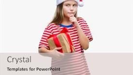  Presentation with christmas girl - PPT theme featuring young beautiful girl wearing christmas hat and holding gift over isolated background serious face thinking about question very confused idea background and a lemonade colored foreground