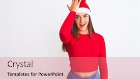  Presentation with christmas girl - Slide deck with young beautiful girl wearing christmas santa hat standing over isolated white background surprised with hand on head for mistake remember error forgot bad memory concept background and a coral colored foreground