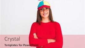  Presentation with propeller - Presentation design having young beautiful girl wearing fanny cap with propeller standing over isolated white background happy face smiling with crossed arms looking at the camera positive person background and a red colored foreground