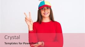  Presentation with propeller - Audience pleasing theme consisting of young beautiful girl wearing fanny cap with propeller standing over isolated white background smiling with happy face winking at the camera doing victory sign number two backdrop and a coral colored foreground
