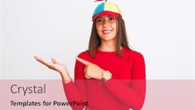  Presentation with propeller - Colorful presentation enhanced with young beautiful girl wearing fanny cap with propeller standing over isolated white background amazed and smiling to the camera while presenting with hand and pointing with finger backdrop and a red colored foreground