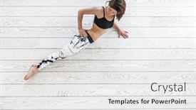  Presentation with flooring - Presentation design having young beautiful girl wearing fashion sports leggings doing fitness exercise on white wooden flooring in bright gym top view overhead background and a white colored foreground