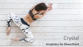 Presentation with flooring - Audience pleasing presentation theme consisting of young beautiful girl wearing fashion sports leggings doing pilates exercise on white wooden flooring in bright gym top view overhead backdrop and a light gray colored foreground