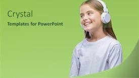  Presentation with music headphones - Slide set having young beautiful girl wearing headphones listening to music over isolated background looking away to side with smile on face natural expression laughing confident background and a yellow colored foreground