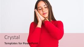  Presentation with beautiful young girl red - PPT theme enhanced with young beautiful girl wearing red casual t-shirt standing over isolated white background sleeping tired dreaming and posing with hands together while smiling with closed eyes background and a red colored foreground