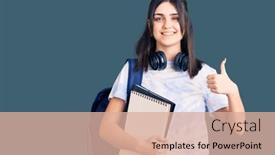  Presentation with happy young student girl holding - Slide set featuring young-beautiful-girl-wearing-student background and a coral colored foreground