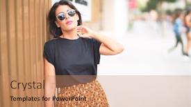  Presentation with animal print - Slide deck with young beautiful girl wearing sunglasses t-shirt and animal print skirt leaning on the wall at street town background and a coral colored foreground