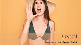  Presentation with summer sun - Colorful presentation theme enhanced with young-beautiful-girl-wearing-swimwear backdrop and a coral colored foreground