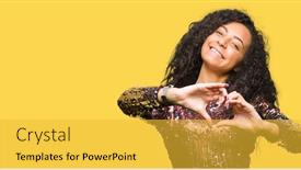  Presentation with hair dress - Presentation design consisting of young beautiful girl with curly hair wearing night party dress smiling in love showing heart symbol and shape with hands romantic concept background and a yellow colored foreground