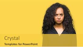  Presentation with hair dress - Theme with young beautiful girl with curly hair wearing elegant dress skeptic and nervous frowning upset because of problem negative person background and a yellow colored foreground