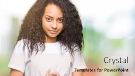  Presentation with optimistic - PPT theme consisting of young beautiful girl with curly hair wearing casual white t-shirt hands together and fingers crossed smiling relaxed and cheerful success and optimistic background and a lemonade colored foreground
