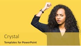  Presentation with hair dress - Slides with young beautiful girl with curly hair wearing elegant dress angry and mad raising fist frustrated and furious while shouting with anger rage and aggressive concept background and a yellow colored foreground