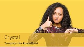  Presentation with hair dress - PPT theme having young beautiful girl with curly hair wearing night party dress doing thumbs up and down disagreement and agreement expression crazy conflict background and a yellow colored foreground