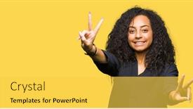  Presentation with hair dress - Audience pleasing slide set consisting of young beautiful girl with curly hair wearing elegant dress smiling looking to the camera showing fingers doing victory sign number two backdrop and a yellow colored foreground