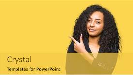 Presentation with hair dress - Slide deck having young beautiful girl with curly hair wearing elegant dress cheerful with a smile of face pointing with hand and finger up to the side with happy and natural expression on face background and a yellow colored foreground