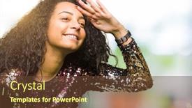  Presentation with hair dress - Cool new slide deck with young beautiful girl with curly hair wearing night party dress very happy and smiling looking far away with hand over head searching concept backdrop and a tawny brown colored foreground