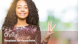  Presentation with curly hair - Presentation consisting of young beautiful girl with curly hair wearing night party dress showing and pointing up with fingers number three while smiling confident and happy background and a tawny brown colored foreground