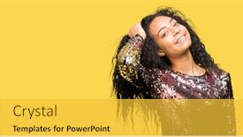  Presentation with hair dress - Slide set having young beautiful girl with curly hair wearing night party dress smiling confident touching hair with hand up gesture posing attractive background and a yellow colored foreground