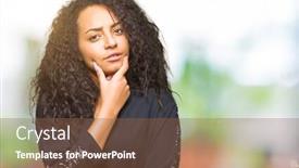 Presentation with hair dress - Slide set featuring young beautiful girl with curly hair wearing elegant dress looking confident at the camera with smile with crossed arms and hand raised on chin thinking positive background and a tawny brown colored foreground