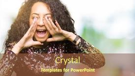  Presentation with hair dress - Presentation design featuring young beautiful girl with curly hair wearing night party dress shouting angry out loud with hands over mouth background and a tawny brown colored foreground