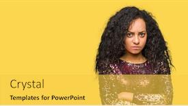  Presentation with curly hair - Slides enhanced with young beautiful girl with curly hair wearing night party dress skeptic and nervous disapproving expression on face with crossed arms negative person background and a yellow colored foreground