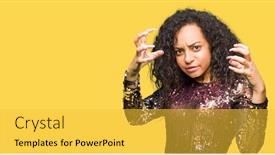  Presentation with hair dress - Cool new slide set with young beautiful girl with curly hair wearing night party dress shouting frustrated with rage hands trying to strangle yelling mad backdrop and a yellow colored foreground