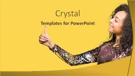  Presentation with hair dress - Presentation design featuring young beautiful girl with curly hair wearing night party dress looking proud smiling doing thumbs up gesture to the side background and a light gray colored foreground