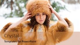  Presentation with beautiful young girl red - Amazing PPT theme having young beautiful girl in a fur hat and a red fox fur coat posing against a winter park background backdrop and a gold colored foreground