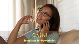  Presentation with pastries - Cool new slide set with young beautiful girl is at home resting at home on the sofa uses a mobile phone and eats pastries backdrop and a tawny brown colored foreground