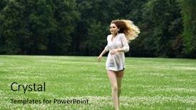  Presentation with beautiful green - PPT theme with young beautiful girl in the white shirt is running on the green field in summer park background and a yellow colored foreground