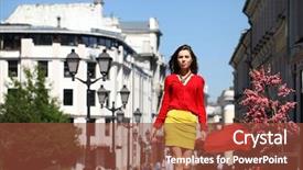  Presentation with beautiful young girl red - Audience pleasing presentation design consisting of yellow skirt walks down backdrop and a tawny brown colored foreground