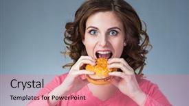  Presentation with fast food - Beautiful theme featuring young beautiful girl with a sandwich from a fast food opened her mouth to take a bite on a gray background backdrop and a coral colored foreground