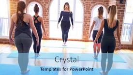  Presentation with group - Slide deck consisting of young-beautiful-group-of-sportswomen background and a light blue colored foreground