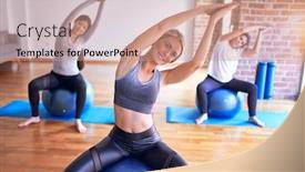  Presentation with gym ball - Colorful PPT layouts enhanced with young-beautiful-group-of-sportswomen backdrop and a coral colored foreground