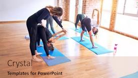  Presentation with stretch - Presentation theme consisting of young-beautiful-group-of-sportswomen background and a coral colored foreground