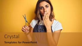  Presentation with shame - Presentation design consisting of young-beautiful-hairdresser-woman-holding background and a gold colored foreground