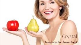 Presentation with apple pear - PPT layouts enhanced with young beautiful happy woman holds the apple and pear - isolated on white background and a lemonade colored foreground