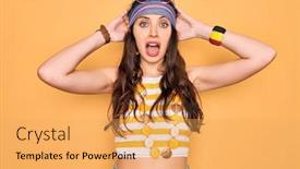  Presentation with hippie - Cool new slide deck with young-beautiful-hippie-woman backdrop and a yellow colored foreground