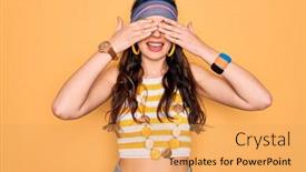  Presentation with blue eyes - Slides consisting of young-beautiful-hippie-woman background and a yellow colored foreground