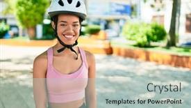  Presentation with cyclist - Presentation design featuring young-beautiful-hispanic-cyclist-woman background and a light gray colored foreground