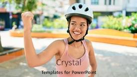  Presentation with cyclist - Presentation design with young-beautiful-hispanic-cyclist-woman background and a coral colored foreground