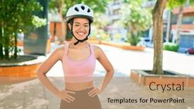  Presentation with beautiful hispanic woman - Cool new presentation theme with young-beautiful-hispanic-cyclist-woman backdrop and a coral colored foreground