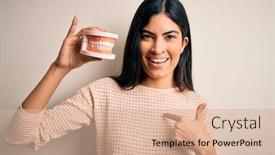  Presentation with dental prosthesis - Presentation design having young-beautiful-hispanic-dentist-woman background and a coral colored foreground